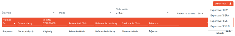 Export SEPA XML súboru z Neoshipu