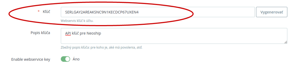 Vygenerovaný API kľúč