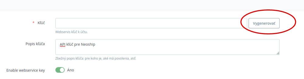 Vygenerovanie API kľúča