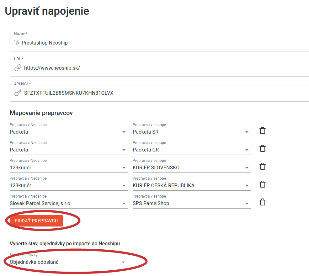 Mapovanie prepravcov a stavov objednávok