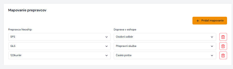Connector settings and carrier mapping