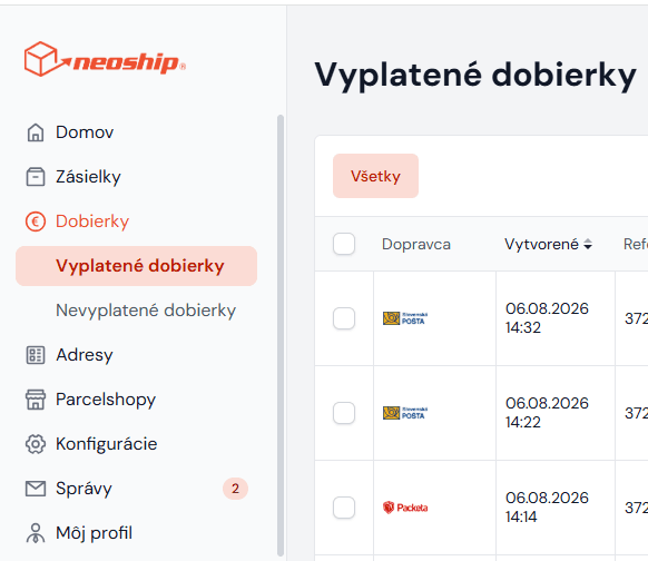 Zoznam vyplatených dobierok im linken Menü von Neoship