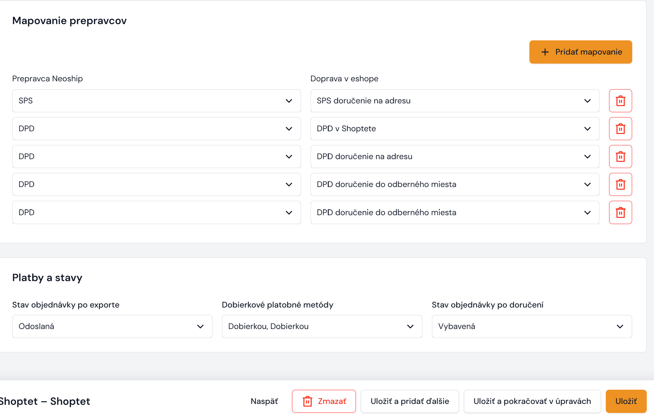 Mapping the carriers SPS and DPD in the connector