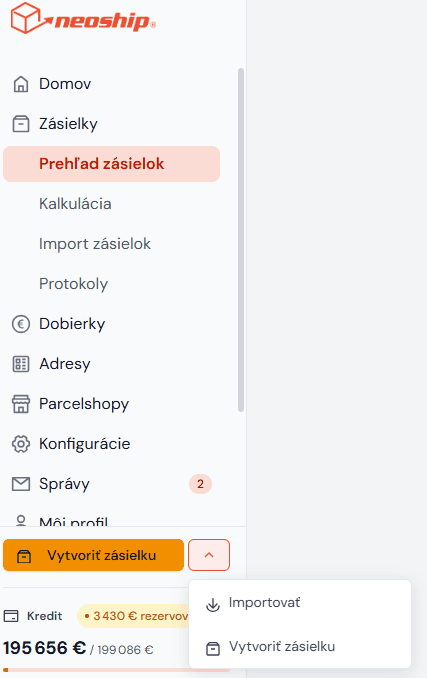 The Vytvoriť zásielku button and the Importovať option in the left bar