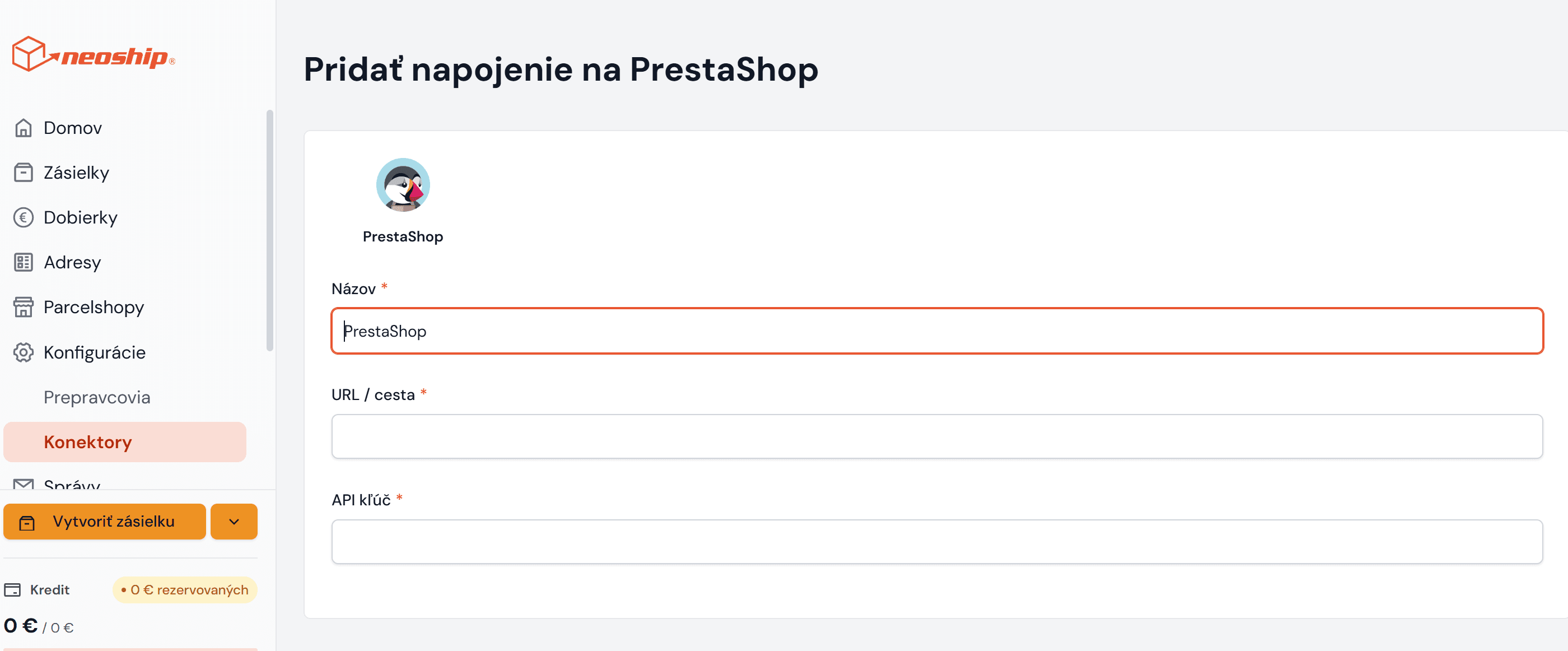 Přidat napojení na PrestaShop – název, URL a API klíč