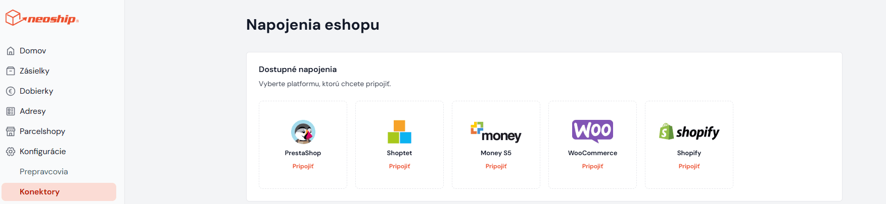 Konfigurácie – Konektory in the Neoship application