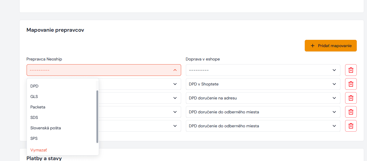 Carrier mapping in the Shoptet connector