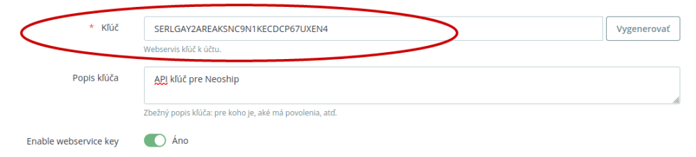 Vygenerovaný API kľúč