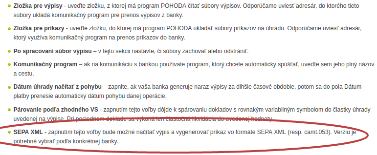 Jednotlivé položky v agende Homebanking v POHODE