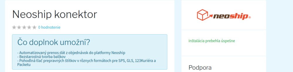 Úspešná inštalácia doplnku Neoship v Shoptete