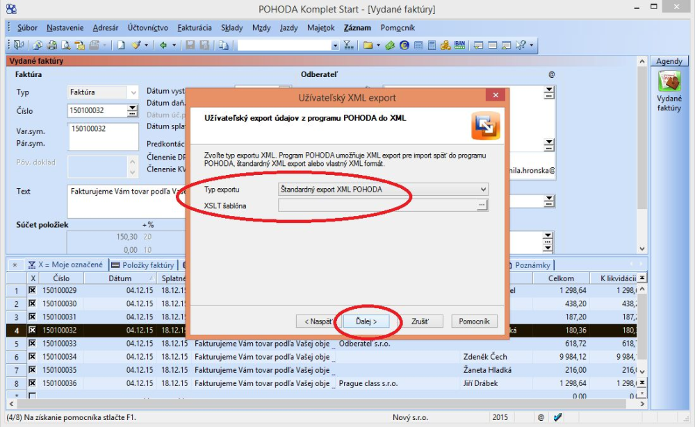 Nastavenie typu exportu XML POHODA